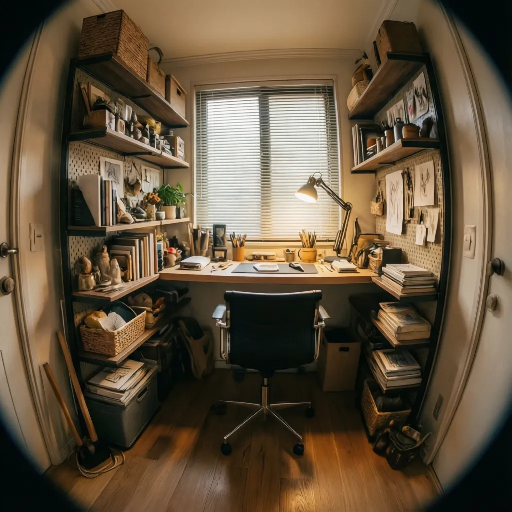 Small home office nook with desk facing window wall shelves books and a desk lamp