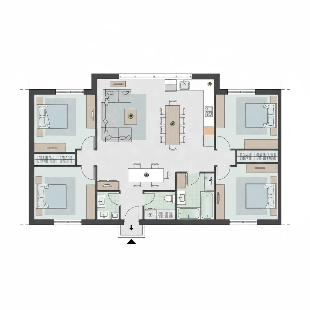 Efficient 1300 sq ft home layout concept with open living area