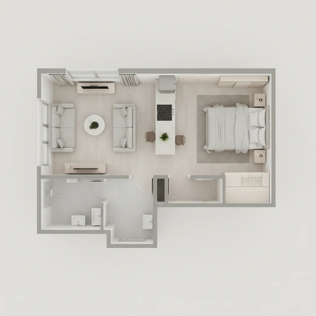 Small apartment floor plan optimized for feng shui flow