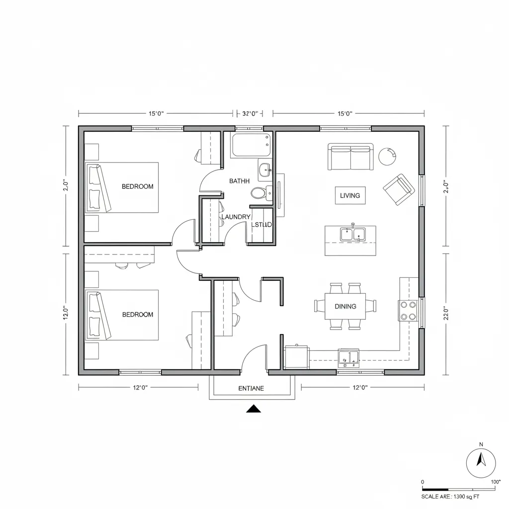 Efficient 1300 sq ft home floor plan layout showing compact design