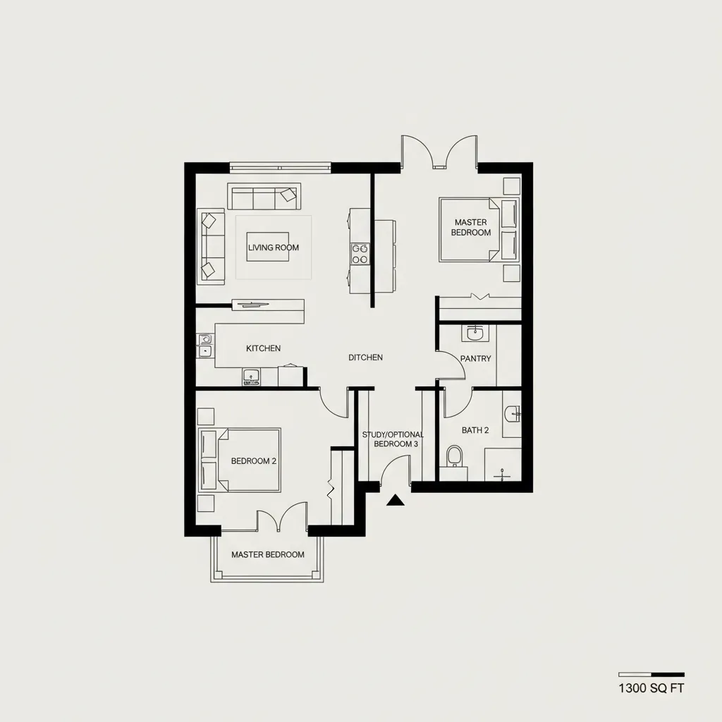 1300 sq ft house floor plan layout design visualization