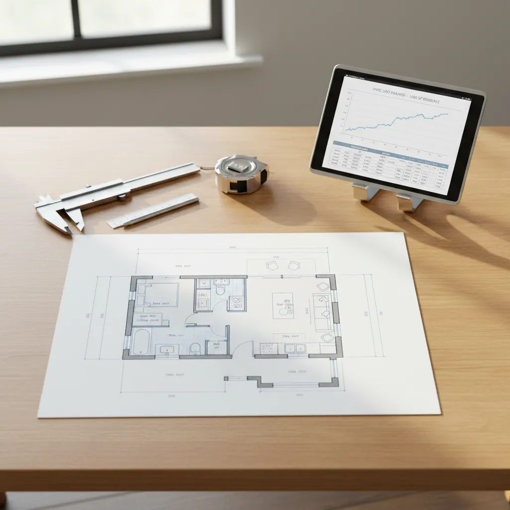Wooden desk with floor plan paper tablet showing data measuring tape ruler and metal tool