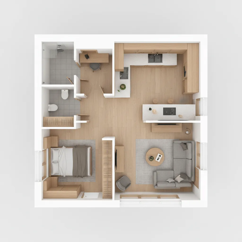 small home floor plan layout optimized with multifunction zones
