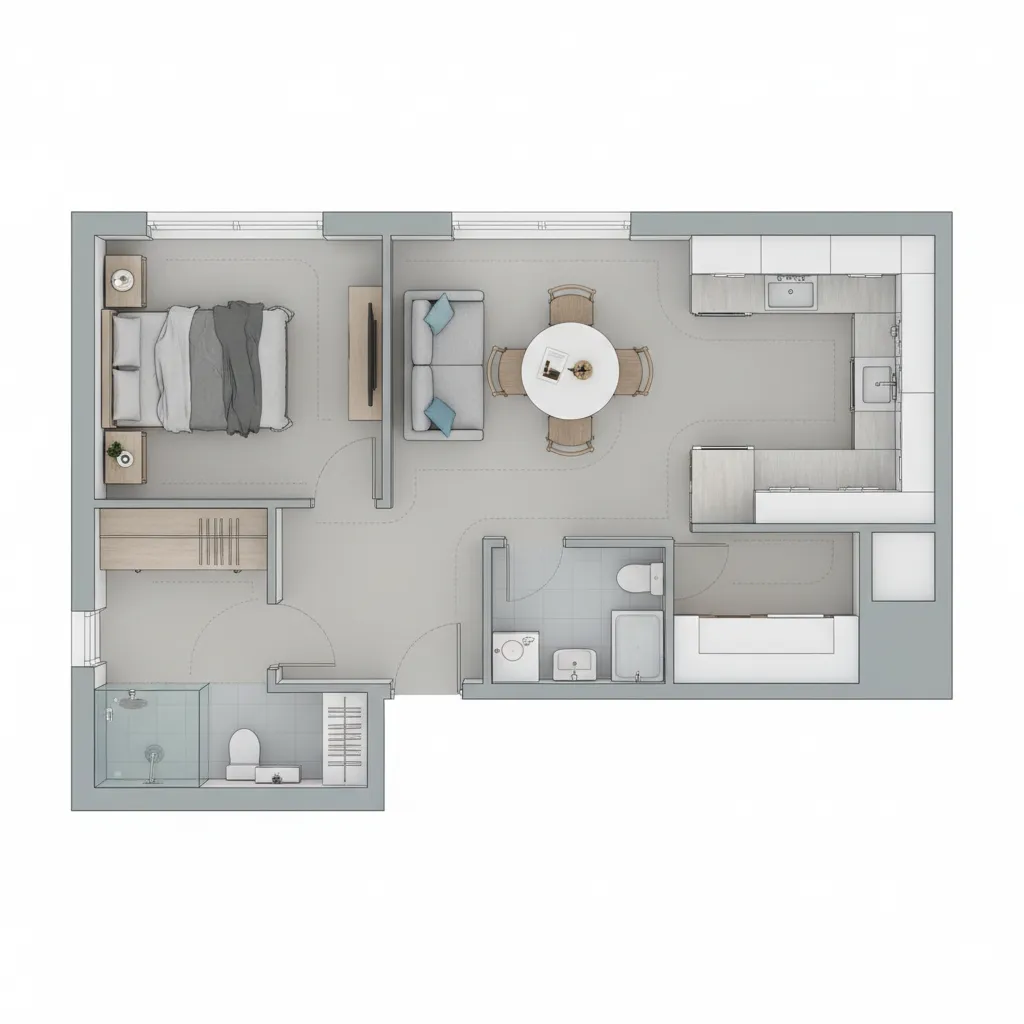 Compact home floor plan showing optimized furniture layout and circulation space