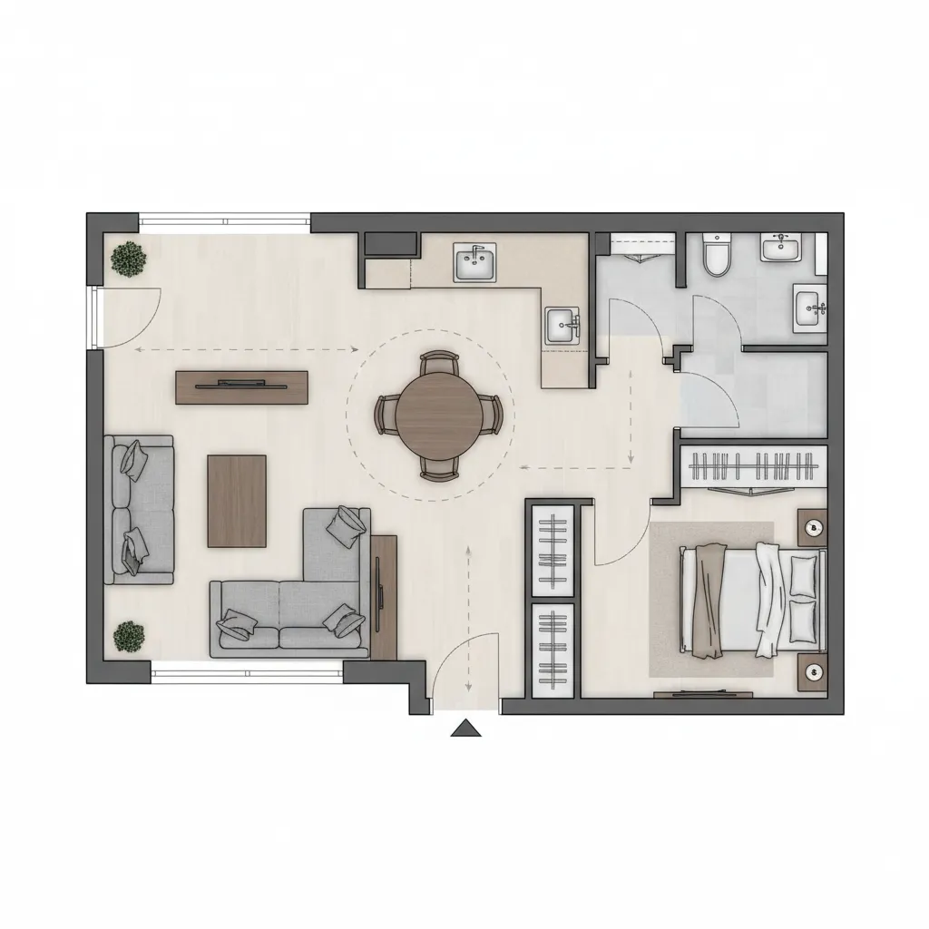 Compact small house floor plan showing optimized furniture layout and circulation paths