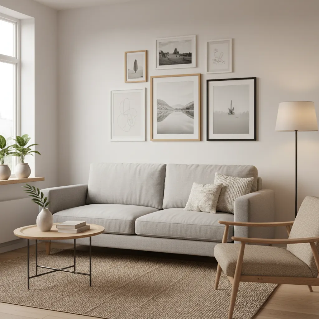 Small apartment living room with a curated gallery wall arrangement