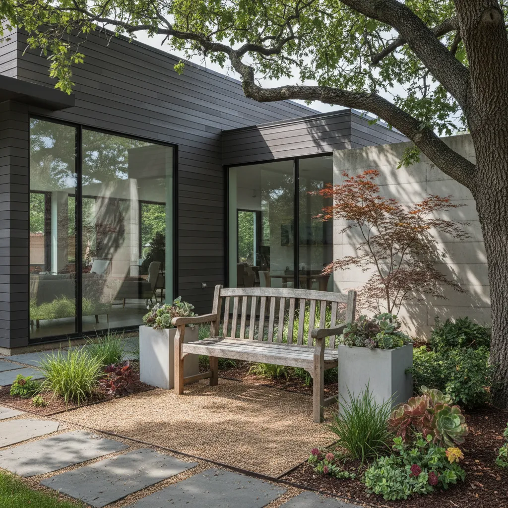 Wooden bench in backyard under tree near modern house with large windows and gravel path