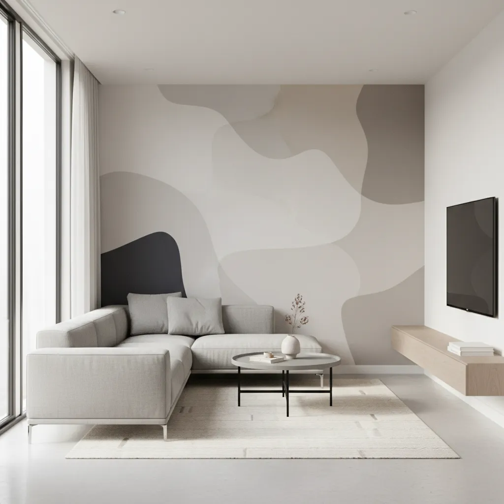 compact living room featuring a modern graphic wall mural