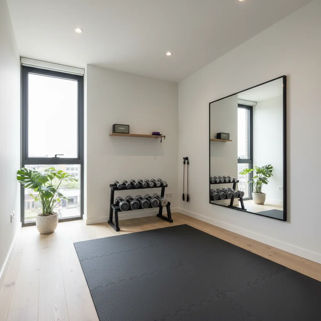 Pequeño gimnasio en casa con zona libre para entrenamiento funcional