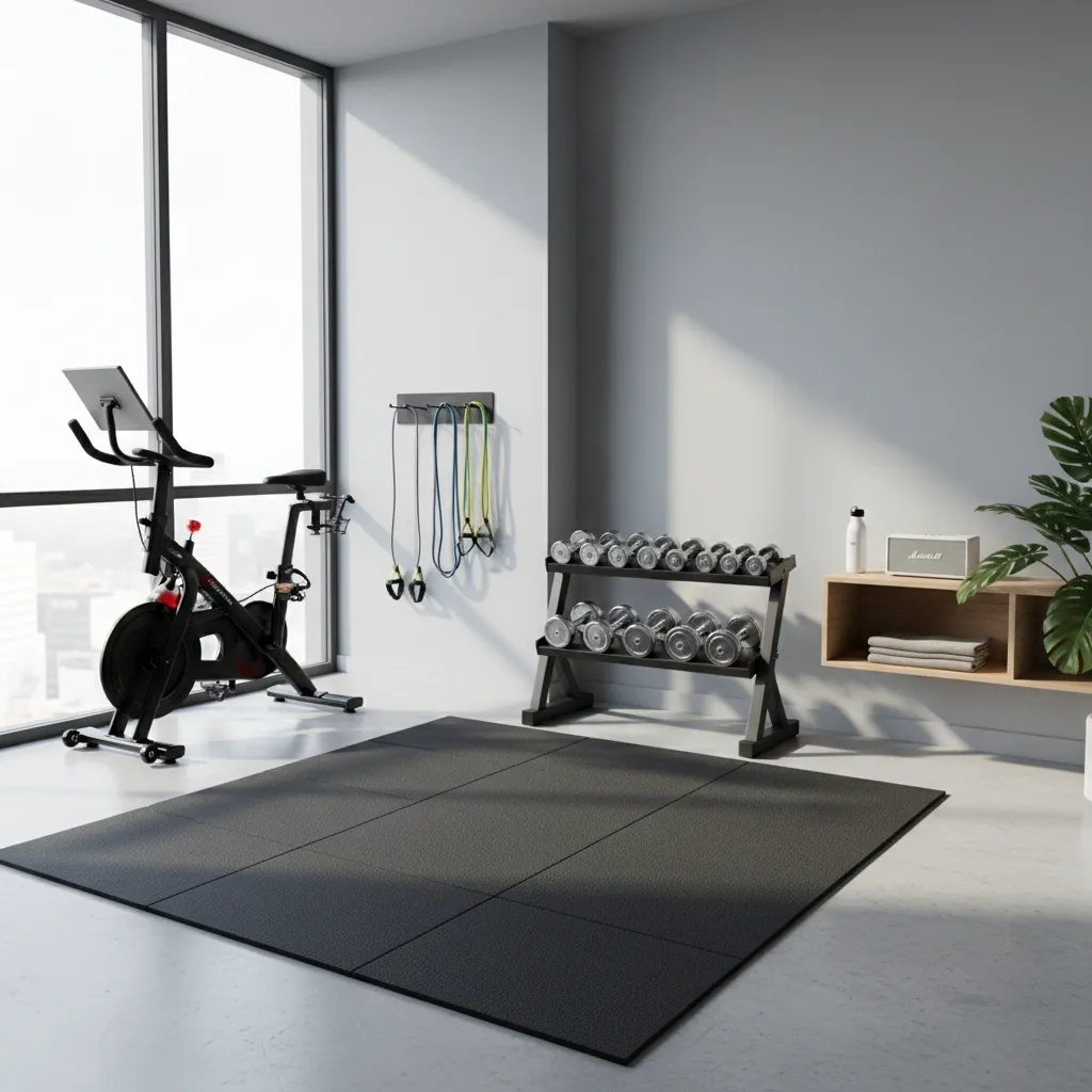 Pequeño gimnasio en casa con zona libre para ejercicios funcionales