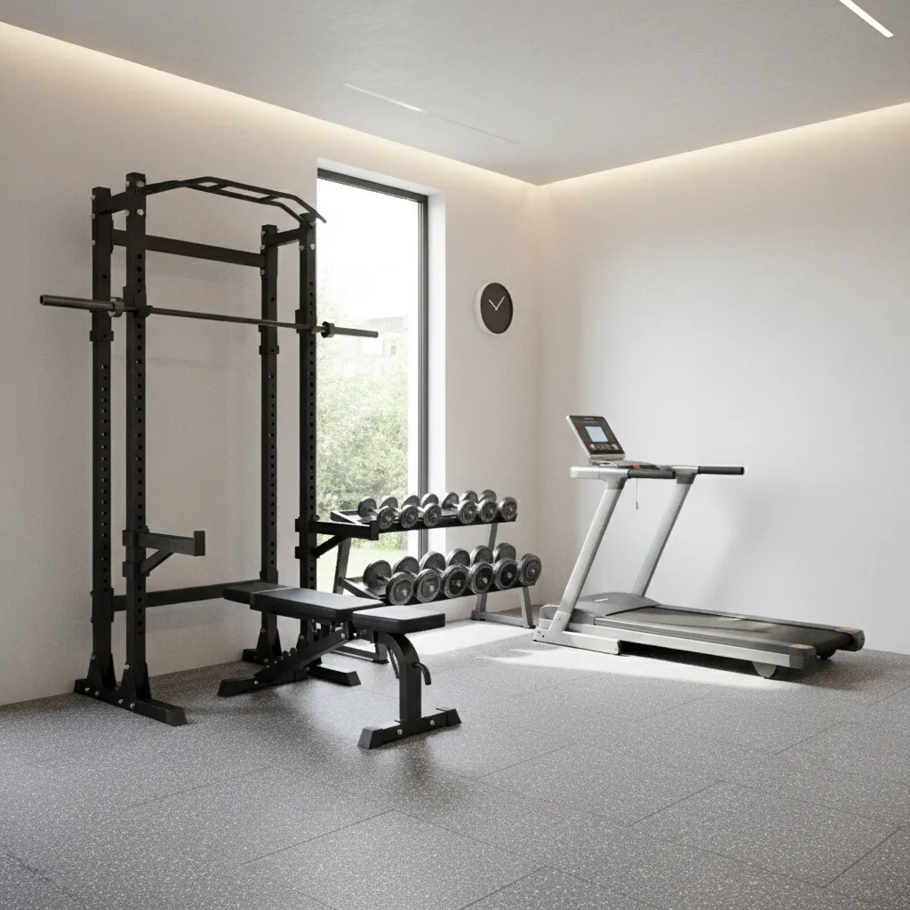compact home gym layout with squat rack dumbbells and treadmill arranged efficiently