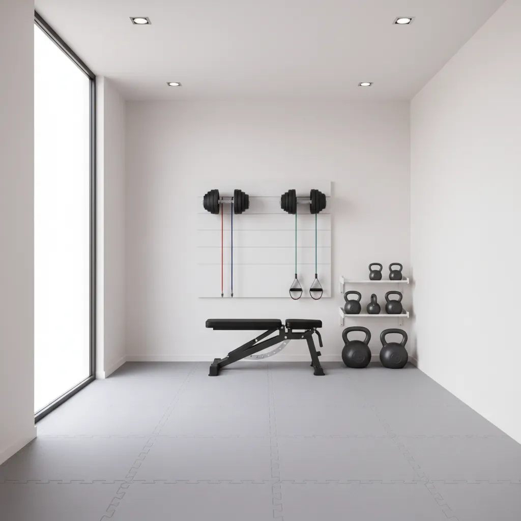 Compact home gym with wall mounted storage and adjustable dumbbells saving space