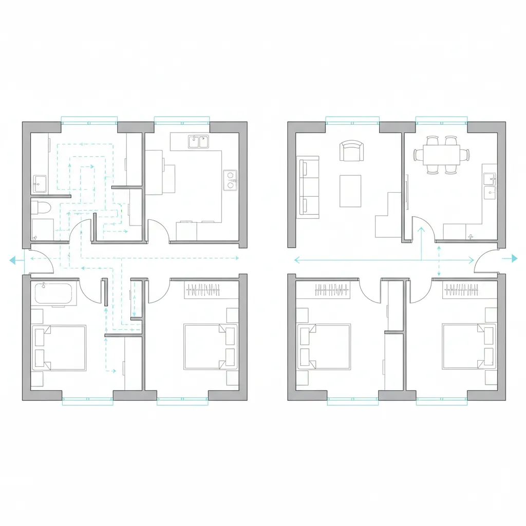 comparison of inefficient hallway space vs open layout in small home