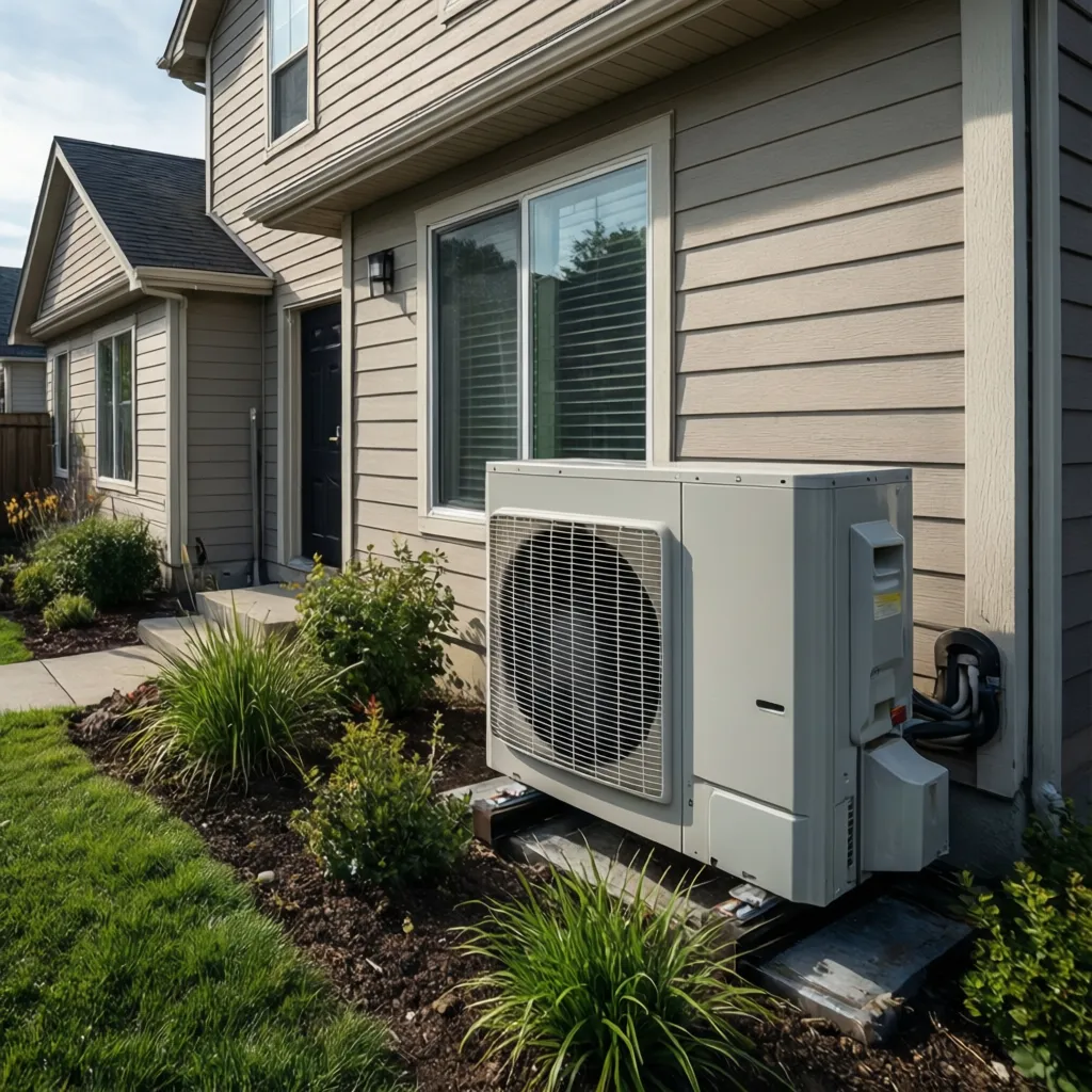 Outdoor heat pump unit installed beside a compact residential home