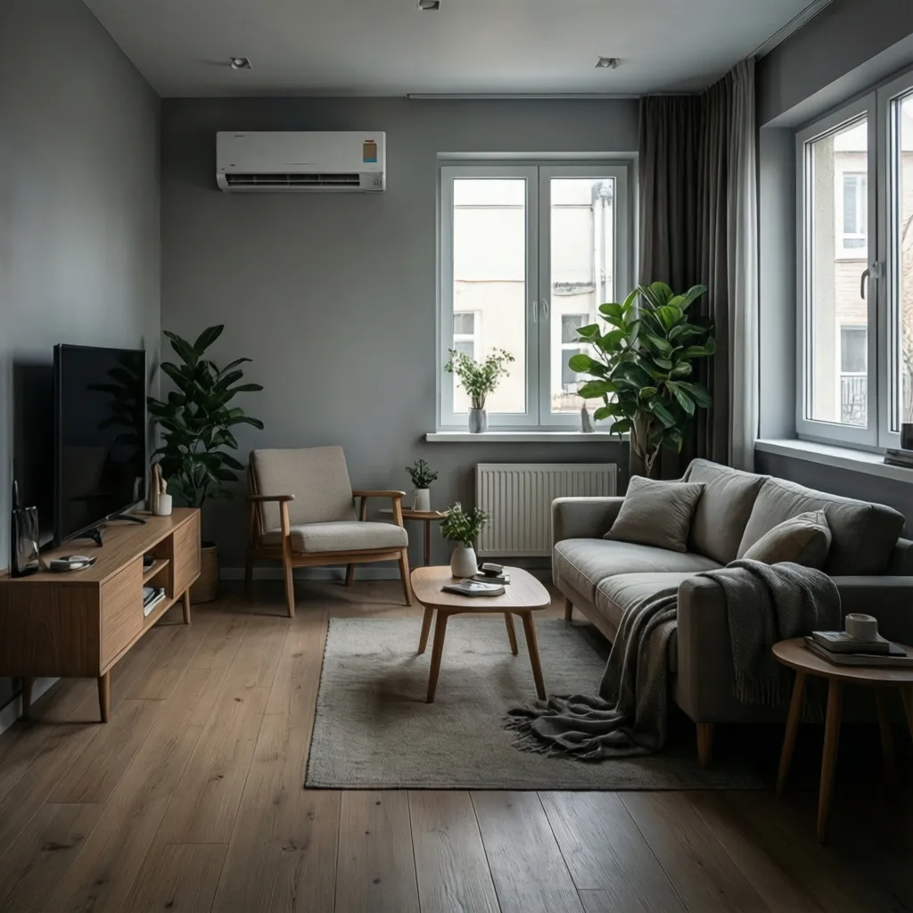 Small modern living room with wall mounted mini split heat pump system