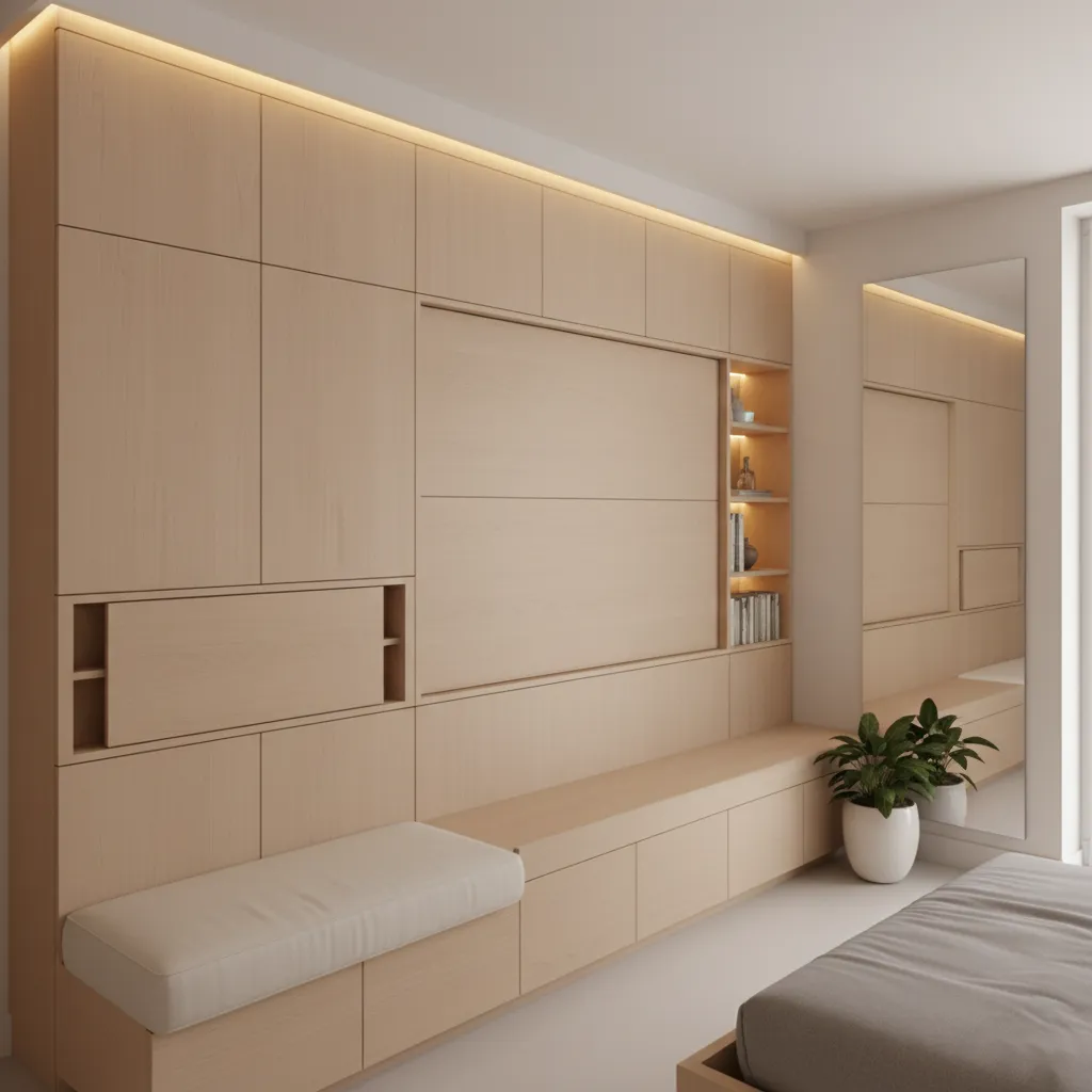 Muebles con almacenamiento oculto en vivienda pequeña moderna