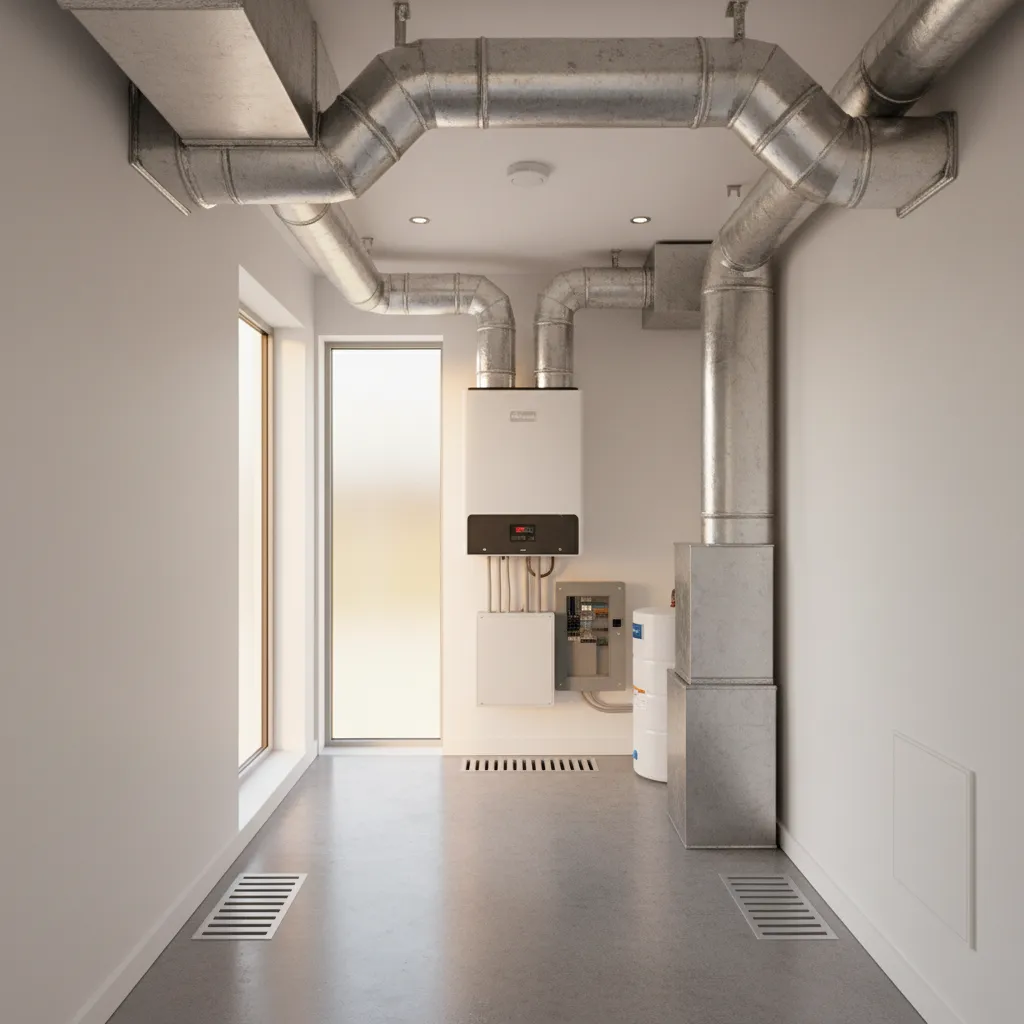 Indoor utility room with metal air ducts on ceiling and white heater mounted on wall