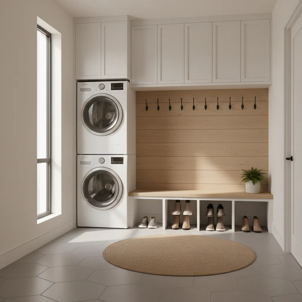 Compact home entry with laundry machines and mudroom storage bench