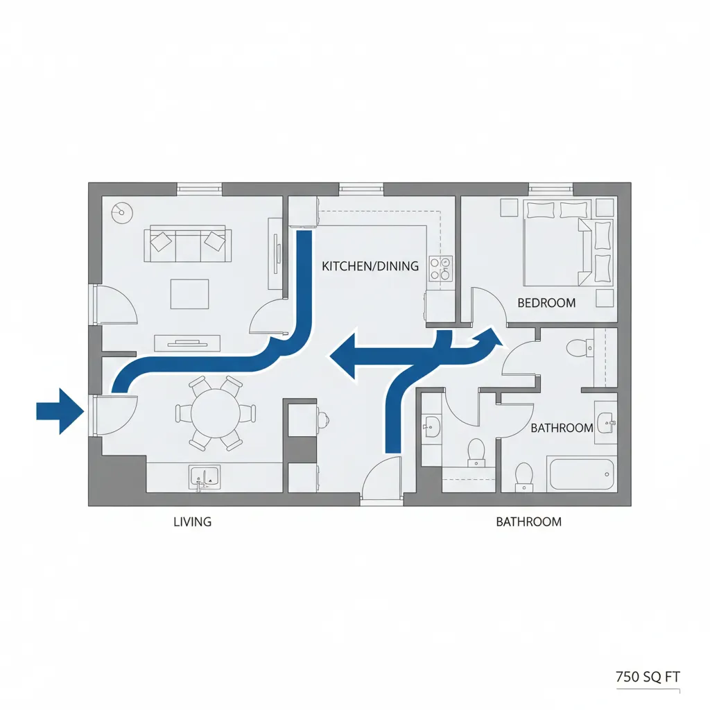 small house layout diagram showing circulation paths and zoning in a 750 sq ft floor plan