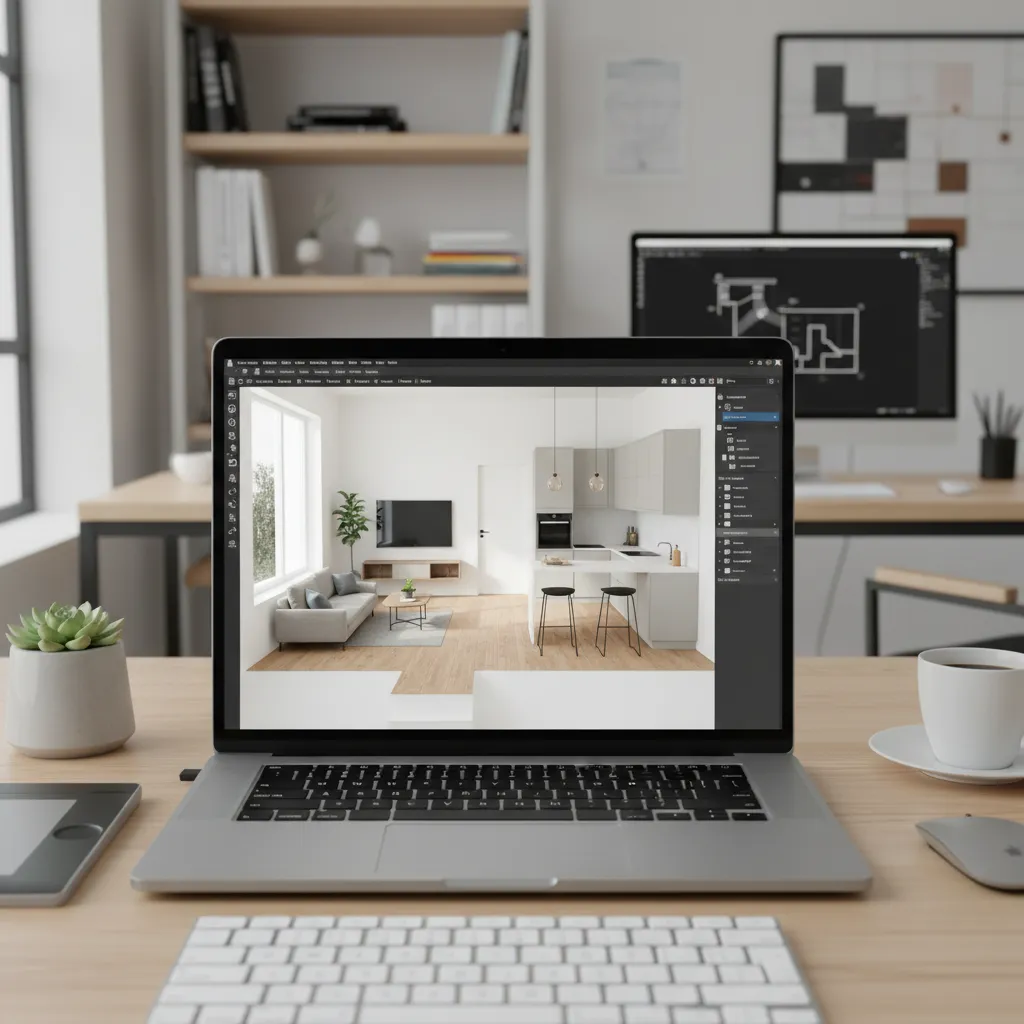 Laptop showing small apartment floor plan created with home design software