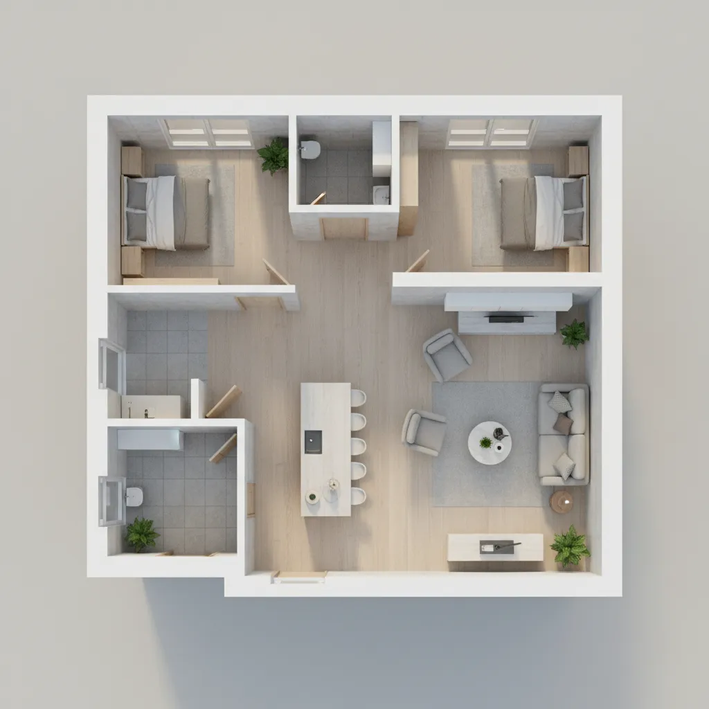 Interior design drawing of a two bedroom apartment layout with furniture kitchen and wood floor