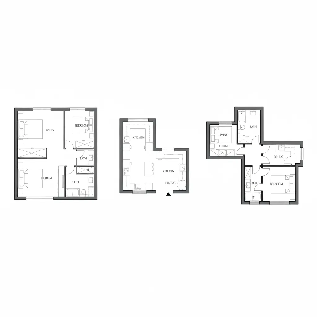 Diagram comparing rectangular L shaped and T shaped small home layouts