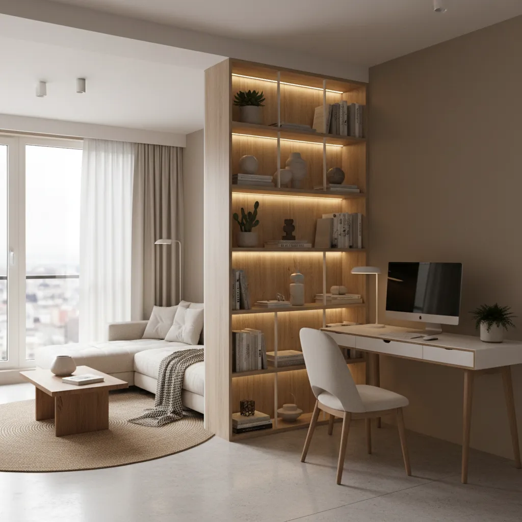 small open plan apartment with shelving divider separating living and workspace