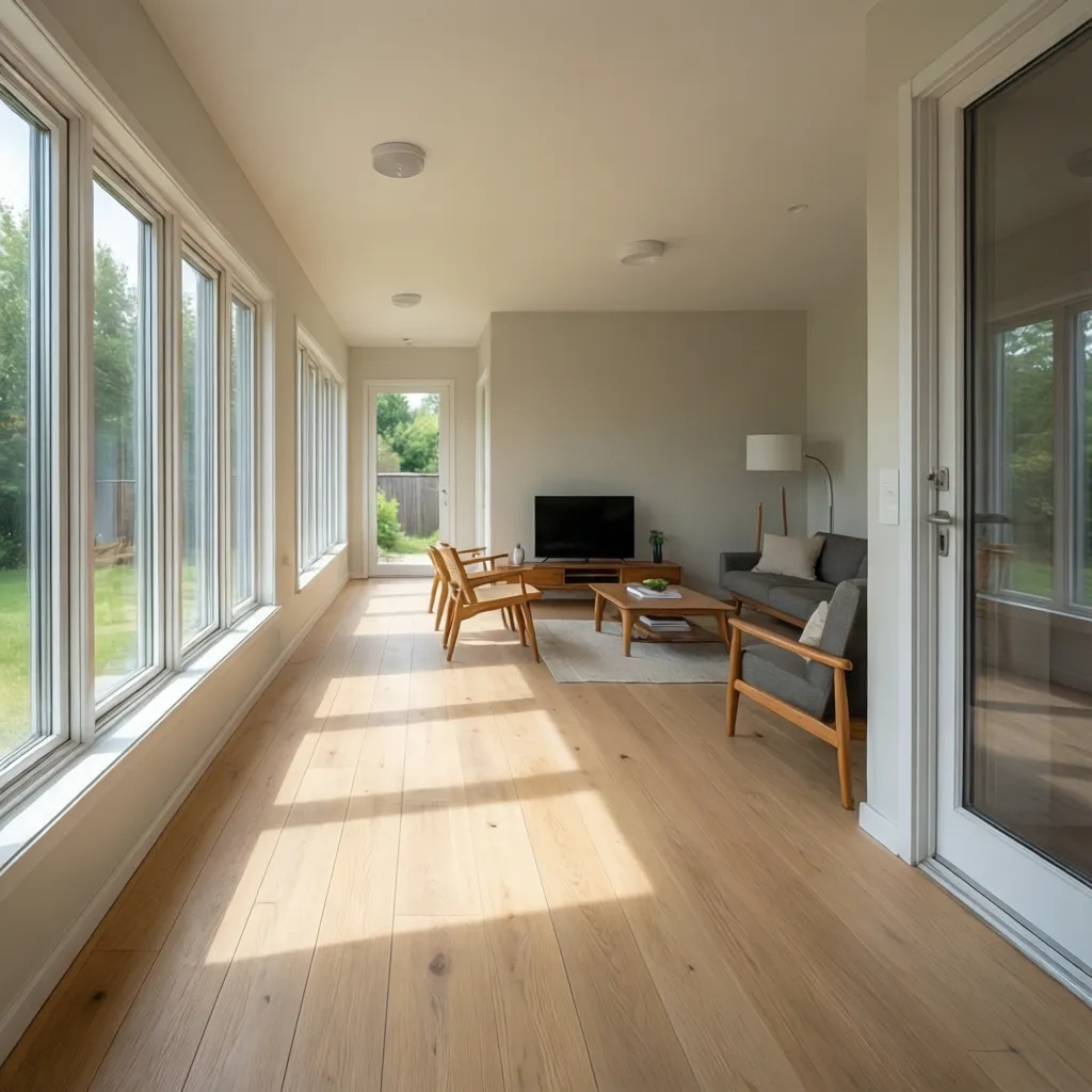 Bright living room with large windows light wood floor grey sofa coffee table and television