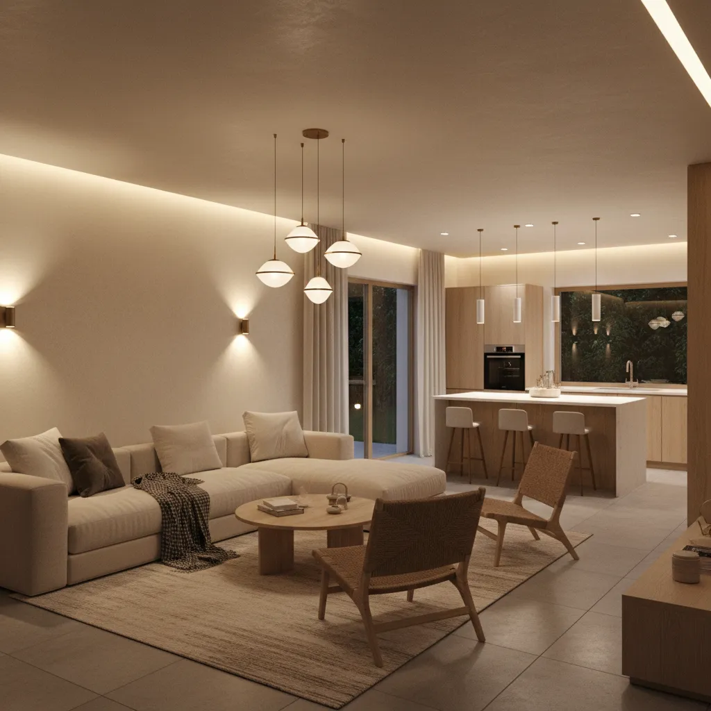 Layered lighting design in a small modern home interior