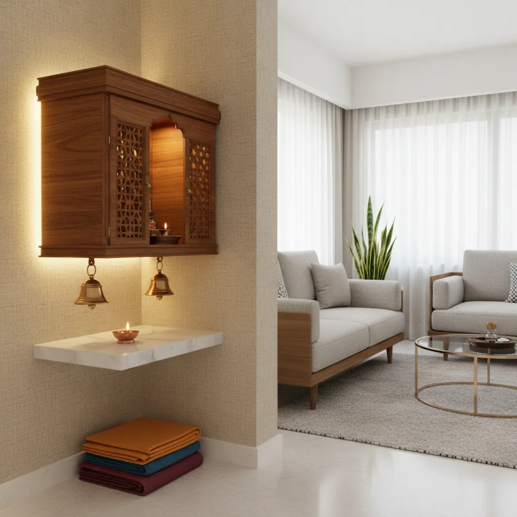 Wall mounted wooden cabinet for prayer next to a grey sofa and glass coffee table