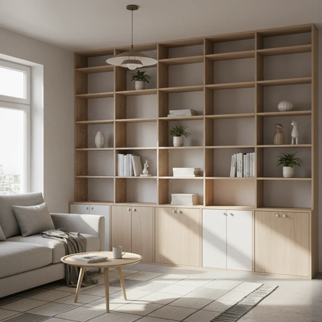 Compact living room with floor to ceiling modular wall storage