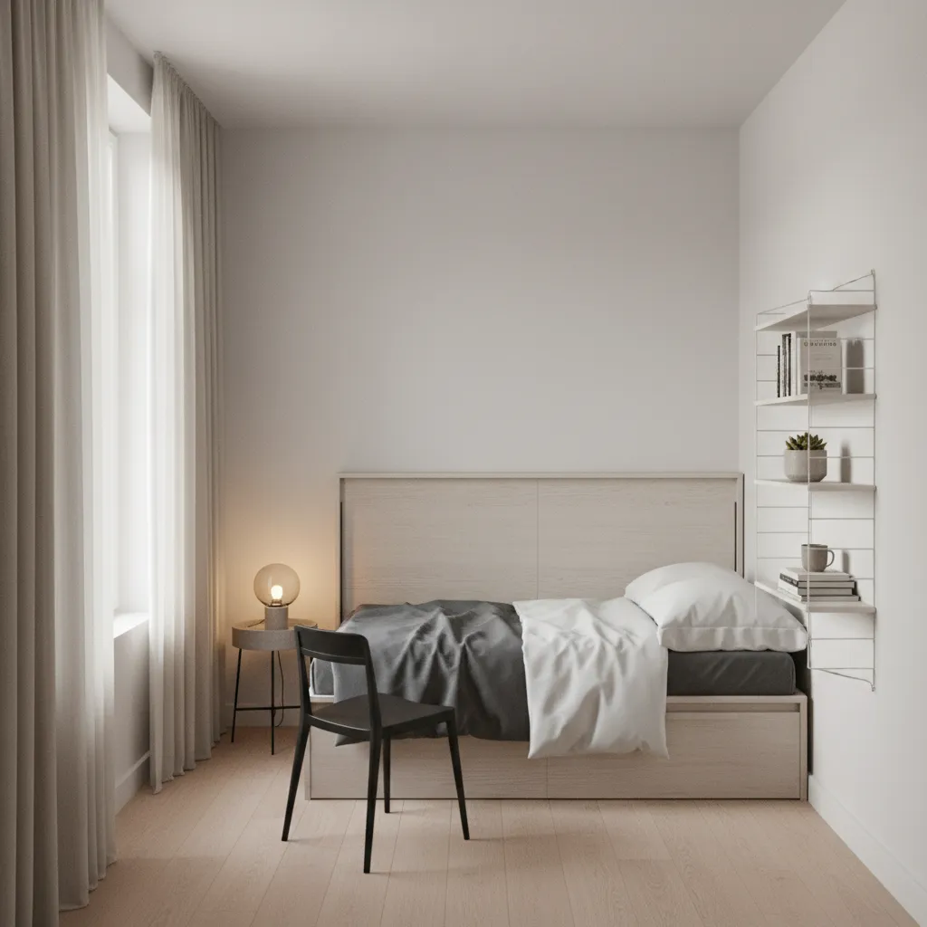 Minimalist small bedroom interior design featuring single bed white wall shelf black chair and window curtains