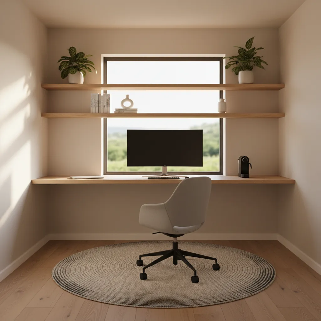 3D visualization of a small home office layout with desk, shelves, and natural light