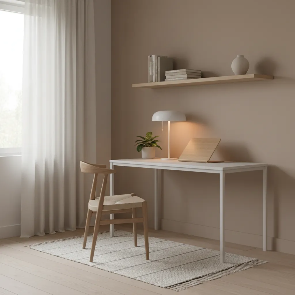 Minimalist home office with white desk, wooden chair, table lamp, wall shelf, and natural light