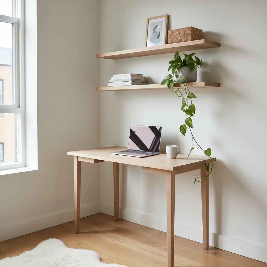 Bright corner home office with wooden desk, laptop, two floating shelves, and a green plant