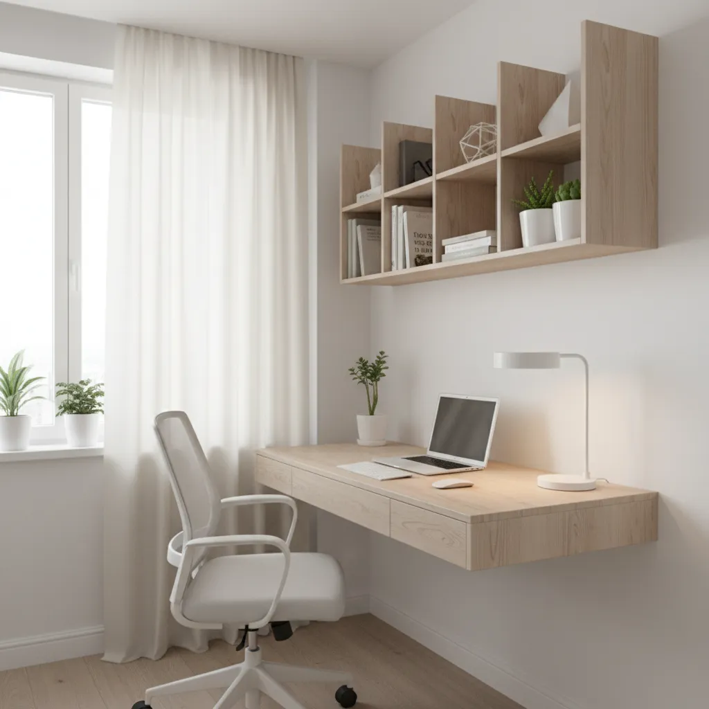 Small home office with floating wooden desk, white chair, laptop, desk lamp, and wall shelves