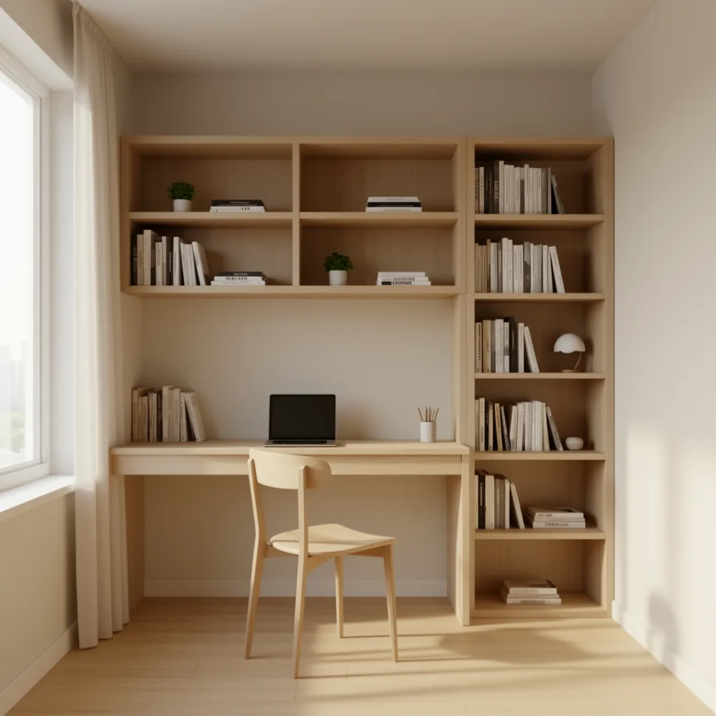 small home office layout showing desk with shelving wall for space efficiency