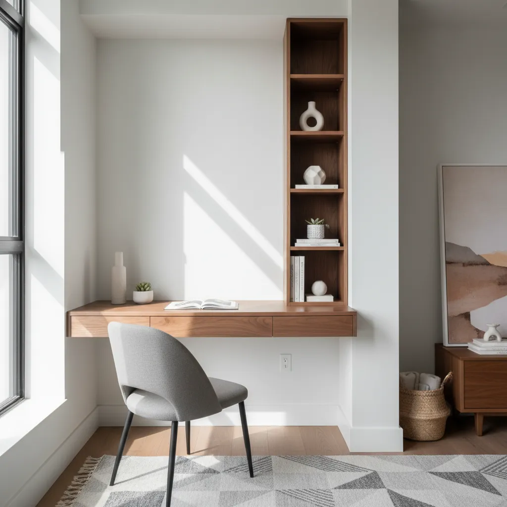 Pequeño estudio en casa organizado con estanterías verticales y escritorio compacto