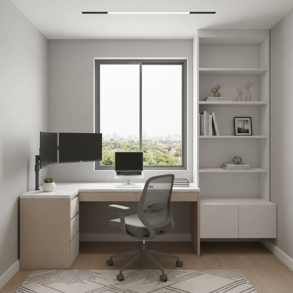 Compact home office with efficient desk placement and ergonomic layout