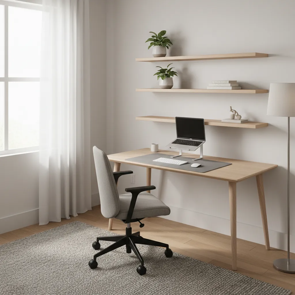 Compact home office setup with desk shelving and natural lighting