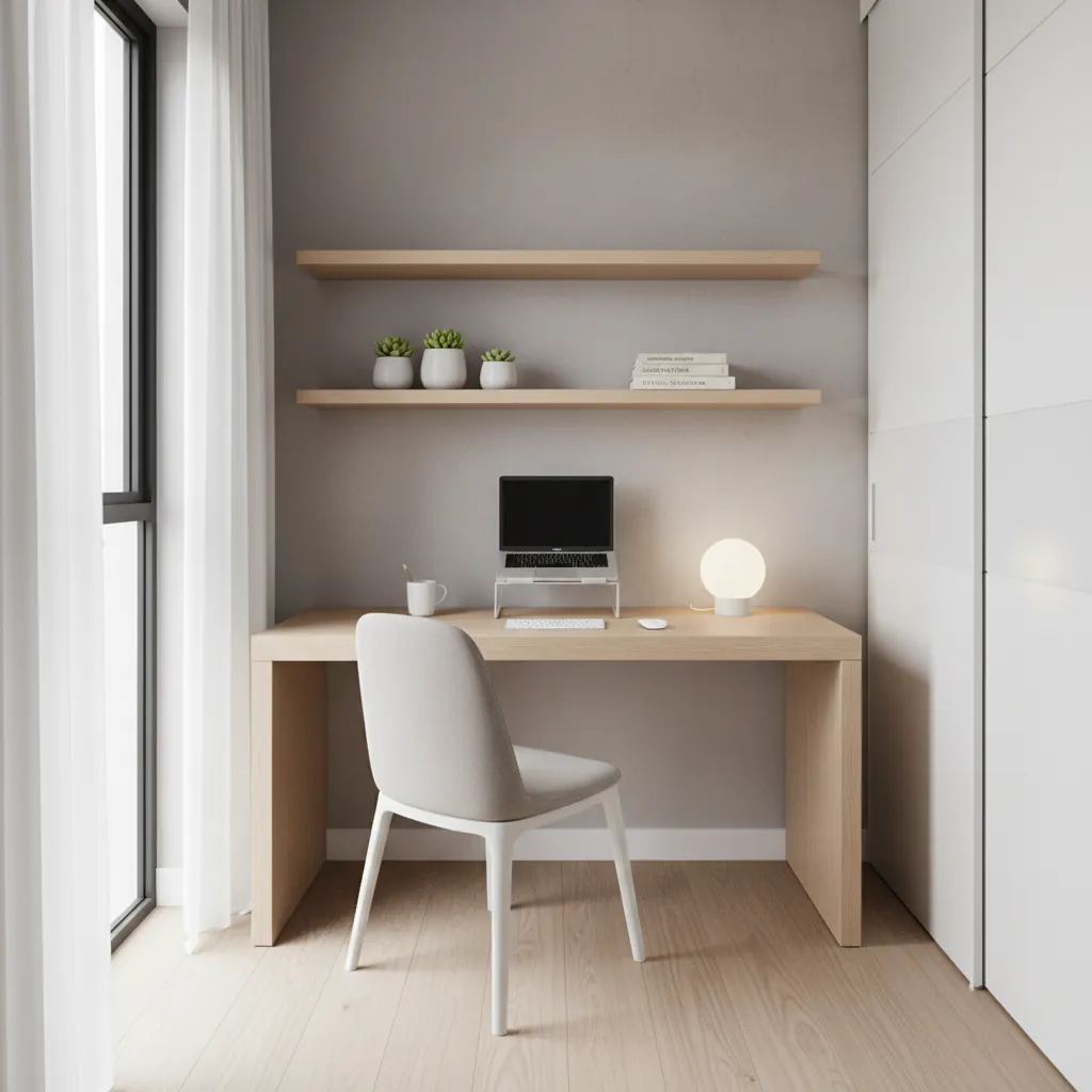 small home office workspace in a compact room with desk and shelves
