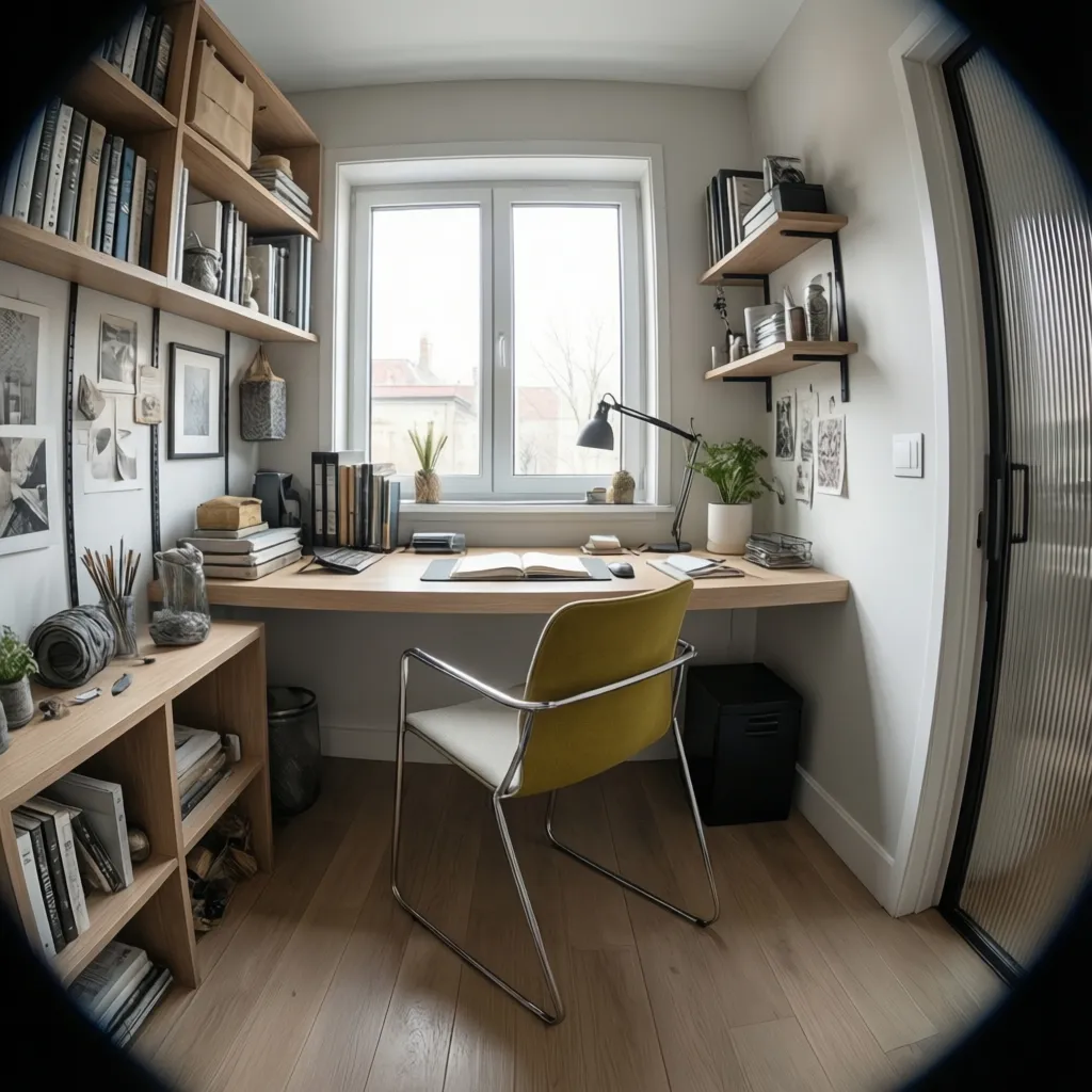 Small home office layout using a slim statement chair beside a compact desk