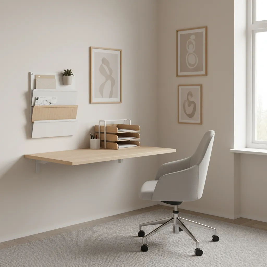 Small home office layout showing wall mail organizer and desk tray comparison