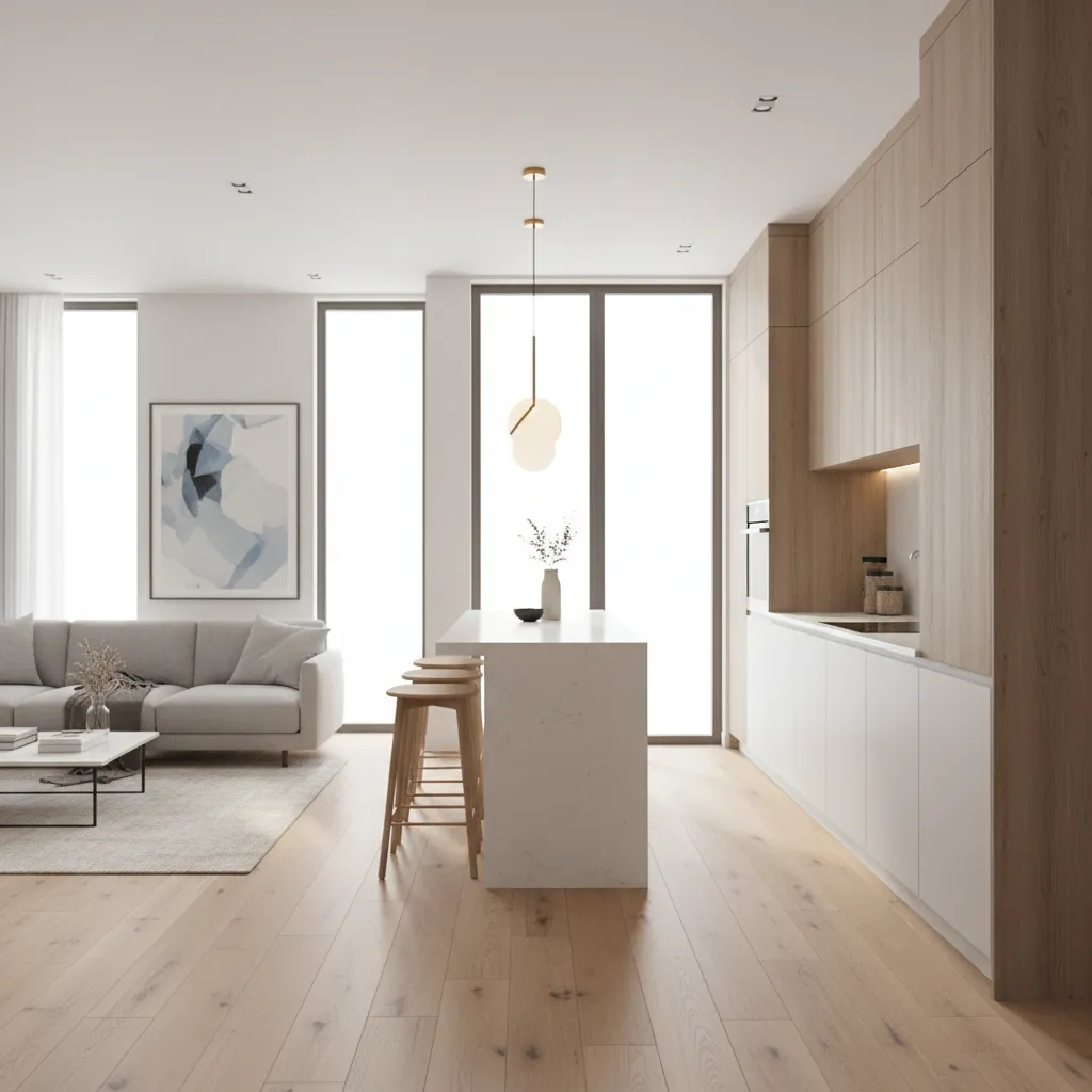 open kitchen connected to living hall in compact home