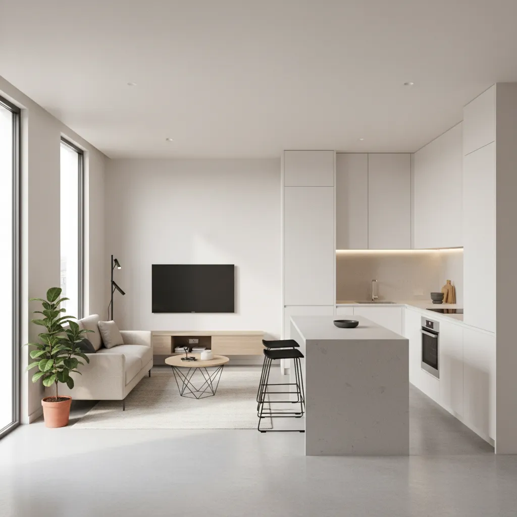 Compact open kitchen and living room zoning in a small house