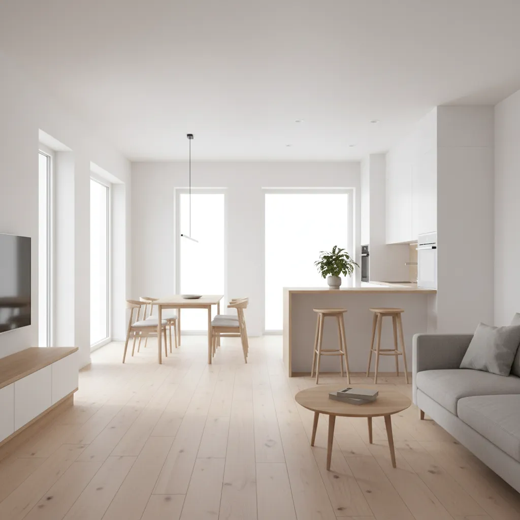 Modern open layout living room with grey sofa, wooden floor, dining table and kitchen stools