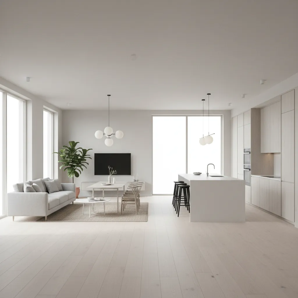 open layout living dining kitchen in a compact 990 sq ft home