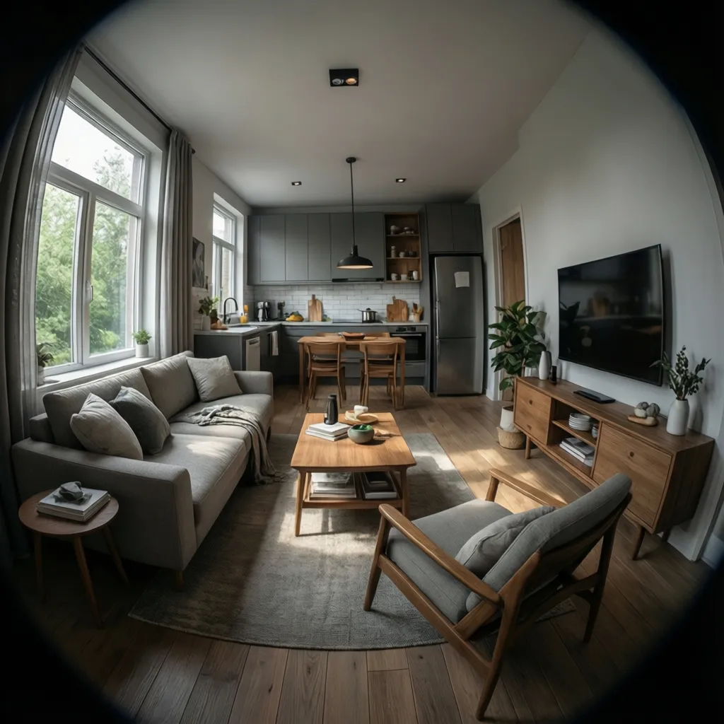 open living room and kitchen layout inside a small 2 bedroom home