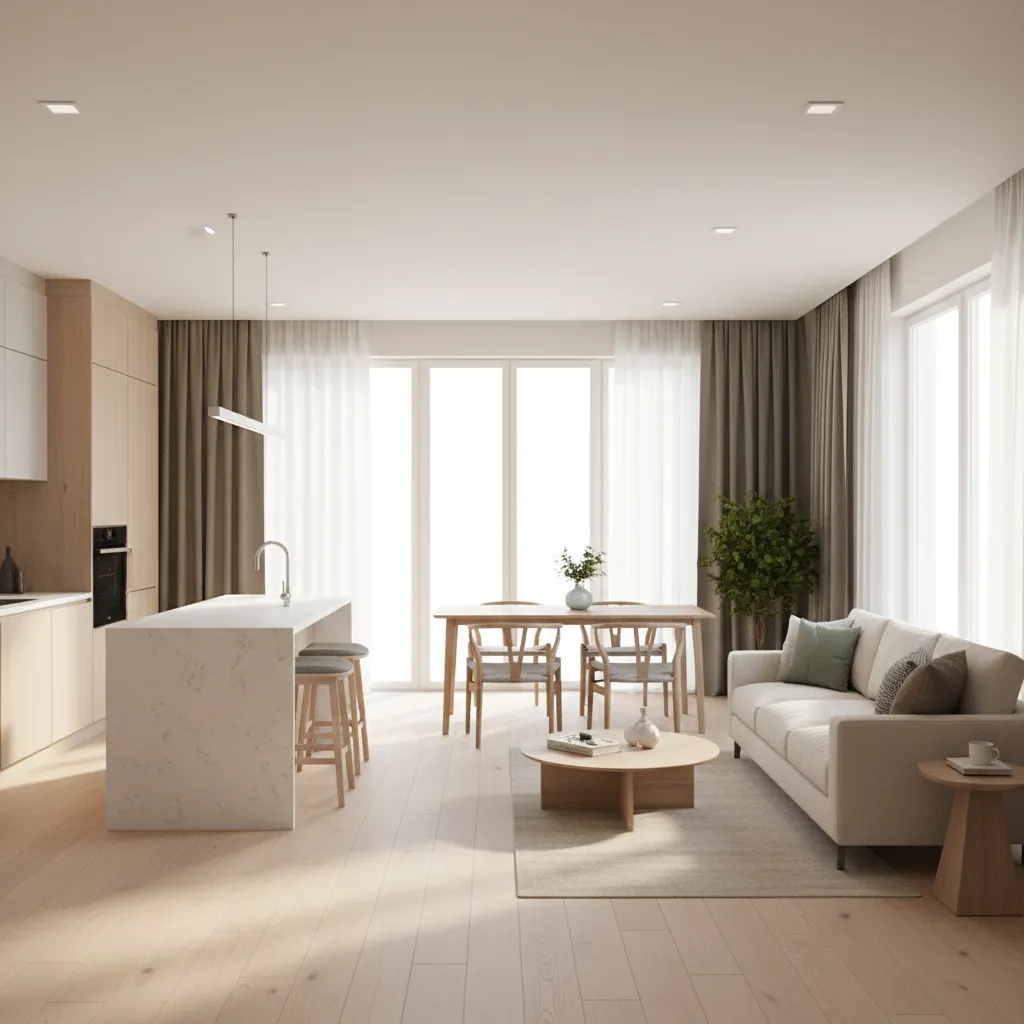 Open concept living and kitchen layout in a 1056 sq ft small home