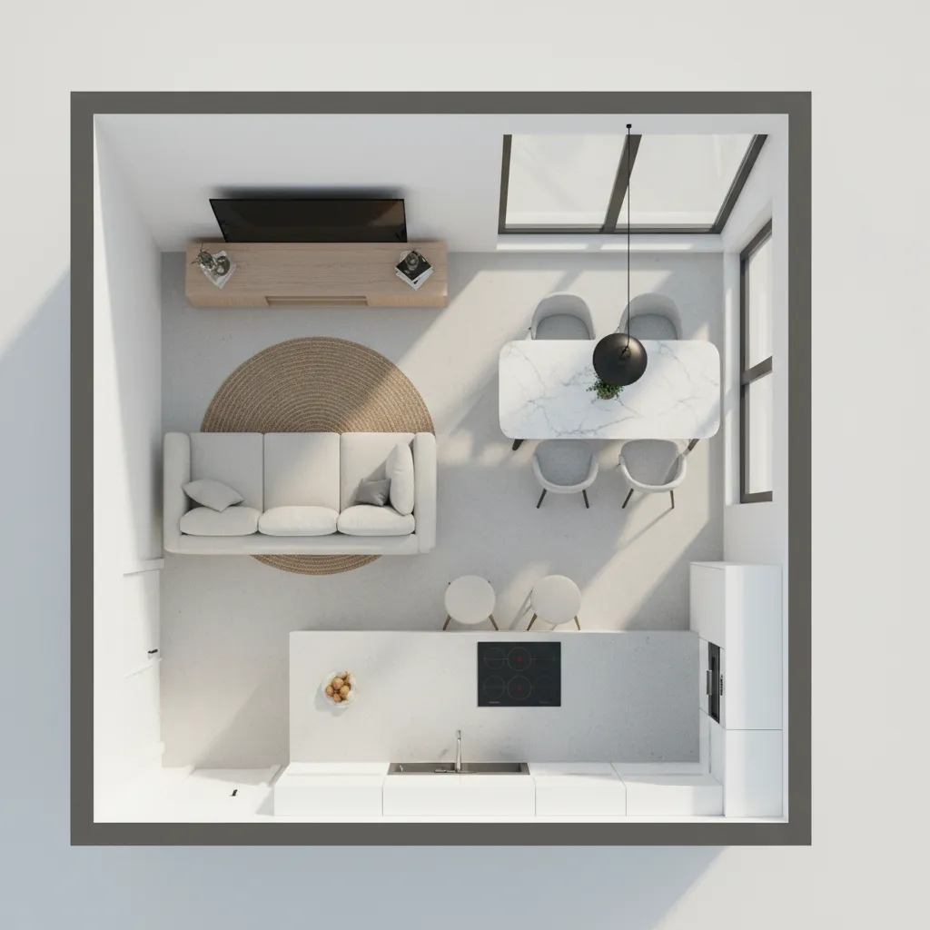 Interior design drawing of room layout with kitchen dining table white sofa and wood cabinet